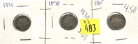 x3- Mixed date 3-cent nickels - x3 nickels -sold