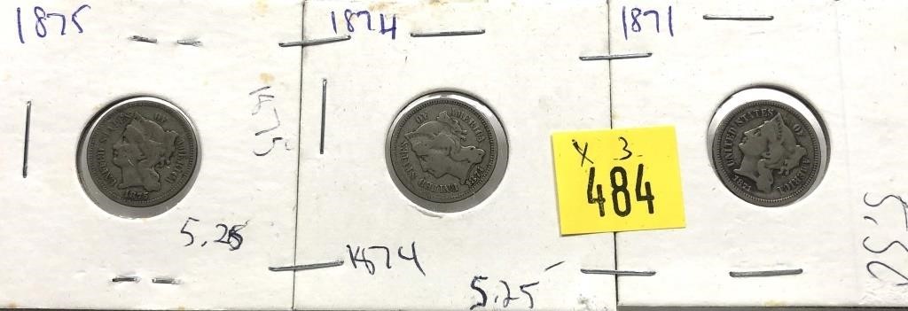 x3- Mixed date 3-cent nickels - x3 nickels -sold