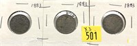 x3- 1883 Liberty Head nickels, no cents-x3 nickels