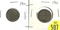 x2- 1911 Liberty Head nickels -x2 nickels -SOLD