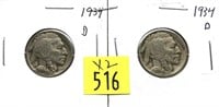 x2- 1934-D Buffalo nickels -x2 nickels -SOLD