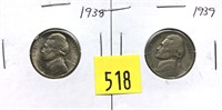Lot, 2 Jefferson nickels: 1938, 1939
