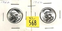x2- 1952 Washington quarters, BU -x2 quarters-SOLD