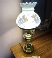 Small Hurricane Lamp With Blue Flower Shade