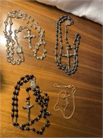 3 Rosaries and 1 Gold tone Cross Necklace
