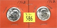 x2- 1962 Washington quarters, BU -x2 quarters-SOLD