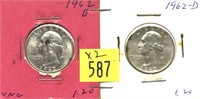 x2- 1962-D Washington quarters, BU -x2 quarters-