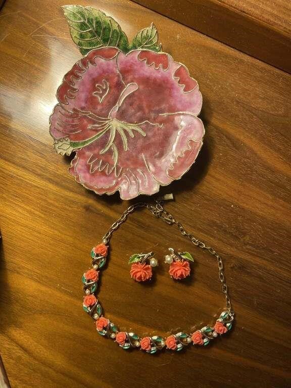Cloissone Floral Dish with Rose Necklace and