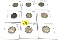 x9- Buffalo nickels, mixed dates -x9 nickels -