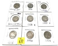 x9- Buffalo nickels, mixed dates -x9 nickels -