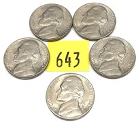 Lot, 5 1947-S nickels, Unc.