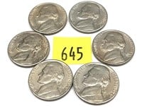 Lot, 6 1949-S nickels, Unc.