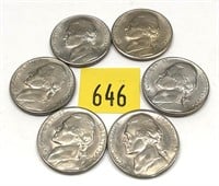 Lot, 6 1952-S nickels, Unc.