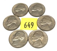 Lot, 6 1954 nickels, Unc.