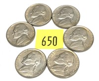 Lot, 6 1955-D nickels, Unc.