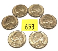 Lot, 6 1956-D nickels, Unc.