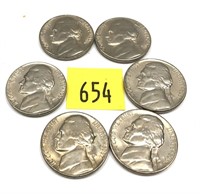 Lot, 6 1957 nickels, Unc.