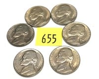 Lot, 6 1957-D nickels, Unc.