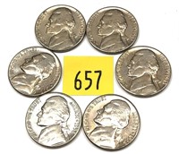 Lot, 6 1958-D nickels, Unc.