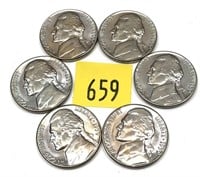 Lot, 6 1959-D nickels, Unc.