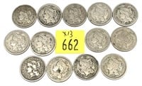 x13- 3-cent nickels, mixed dates -x13 nickels -