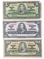 Lot 3 Bank of Canada 1937 - $1,$10,$20. - Match Si