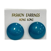 Button Style Round Blue Screw Back Earrings