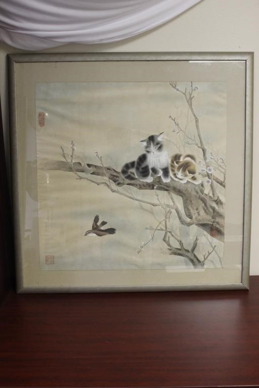 Exception Cat and Bird Japanese Painting