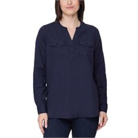 Tahari Women's MD Roll Sleeve Henley Shirt, Blue