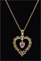 14K Gold Heart Necklace with Pink Stone