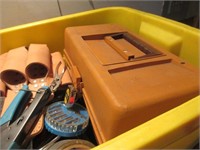 PLASTIC CONTAINER WITH TOOLS, TOOLBELT, ETC