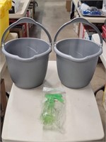 Two Grey Cleaning Buckets W/Green Sprayer