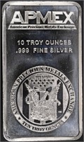 (1) 10 OZ .999 SILVER APMEX BAR