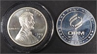 (2) 1 OZ .999 SILVER LINCOLN & OPM METALS ROUNDS