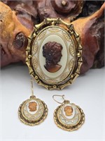 Vtg Costume Jewelry Cameo Brooch & Earrings