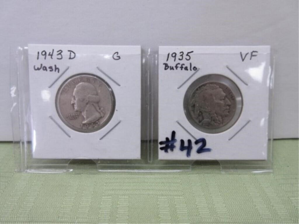 1943d Wash Quarter G, 1935 Buffalo Nickel VF