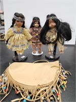 3 NATIVE AMERICAN DOLLS & LEATHER POUCH