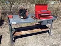 D1. Metal work bench 6ft with miscellaneous tools