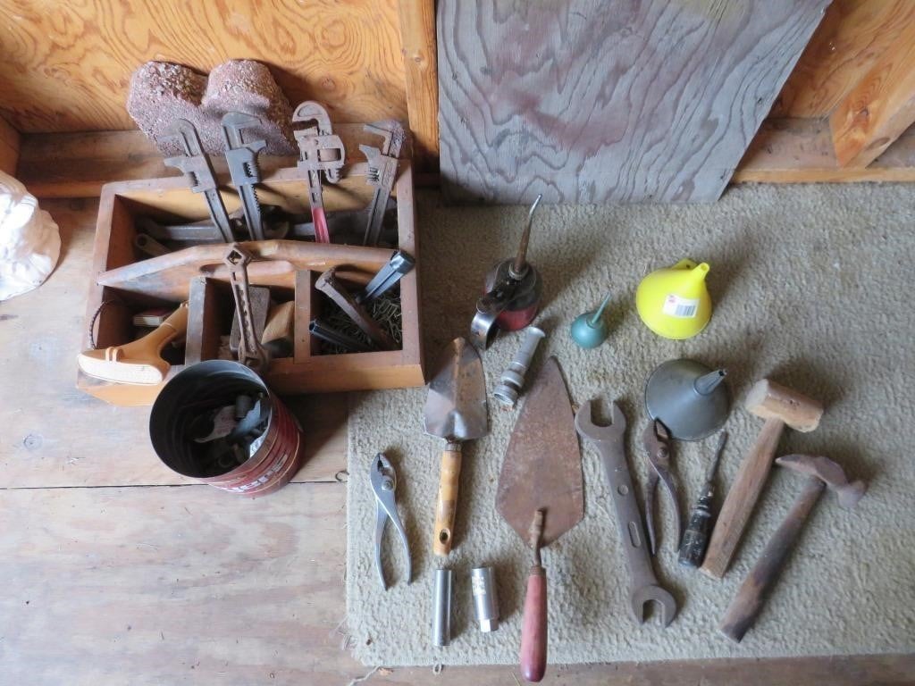 Wood nail box, oil can, & old tools