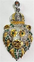 Xtra Lg. Solid Sterling/Gold Emerald Lion Pendant