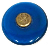 Vintage Cobalt Blue Paperweight With Raised Medall