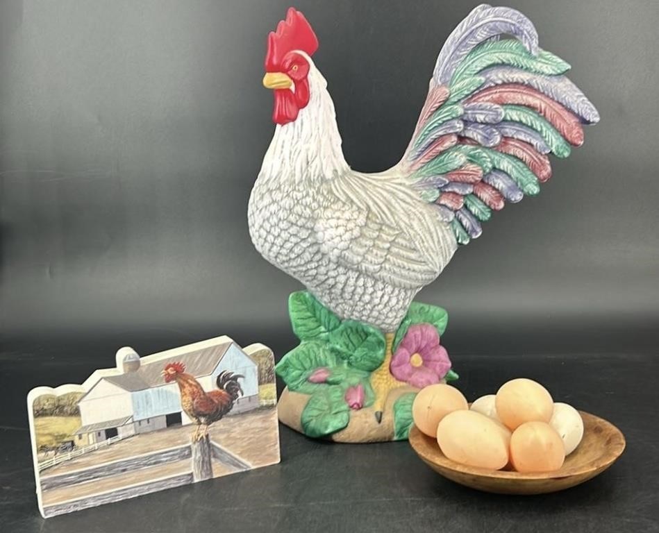 Tall Vintage Rooster Figurine, Eggs In Bowl &