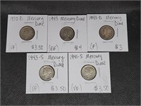 Lot of 5 Mercury Dimes: 1937 D, 1943, 1943 D,