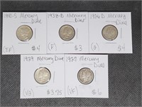 Lot of 5 Mercury Dimes: 1940 S, 1938 D, 1926 D,