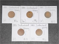 Lot of 5 Indian Head Pennies: 2- 1880, 1881, & 2