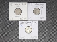 Lot of 3 Mercury Dimes: 1917 D, 1925, & High