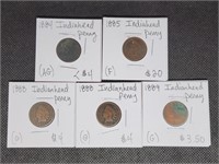 Lot of 5 Indian Head Pennies: 1884, 1885, 2-