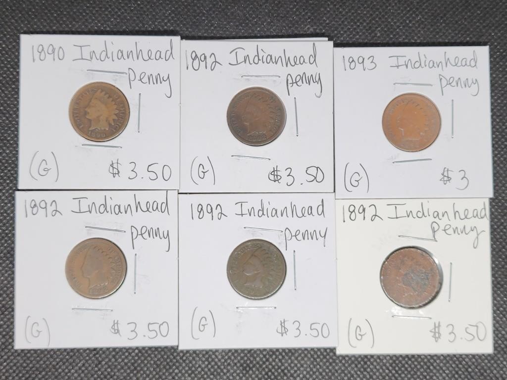 Lot of 6 Indian Head Pennies: 1890, 4- 1892, &
