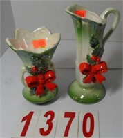 Set of 2 Red Ribbon and Holly Vases
