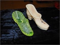 (1) Art Glass Shoe, (1) Uranium Glass Shoe